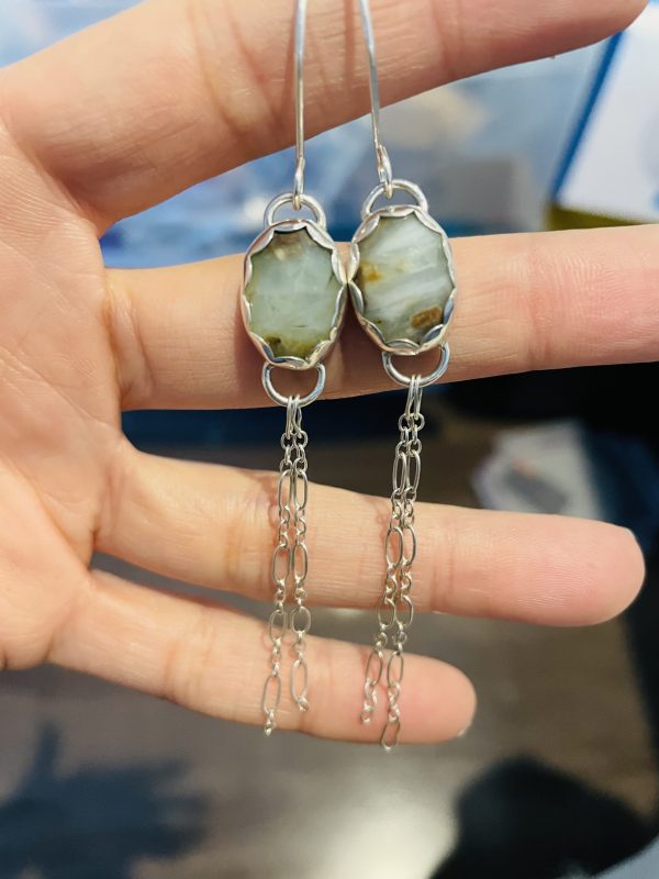 Silver Peruvian opal long earrings