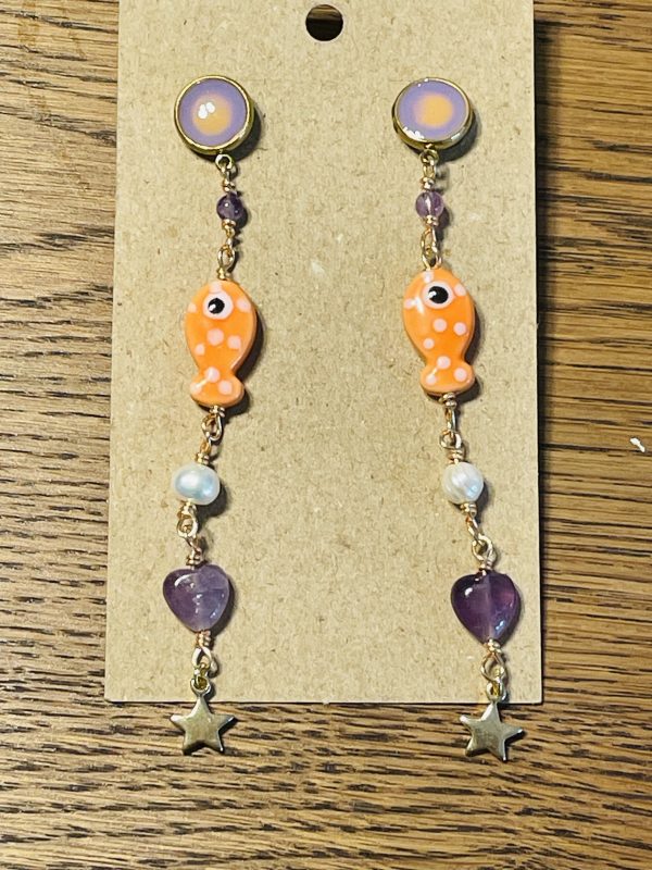 Colourful long earrings with fish